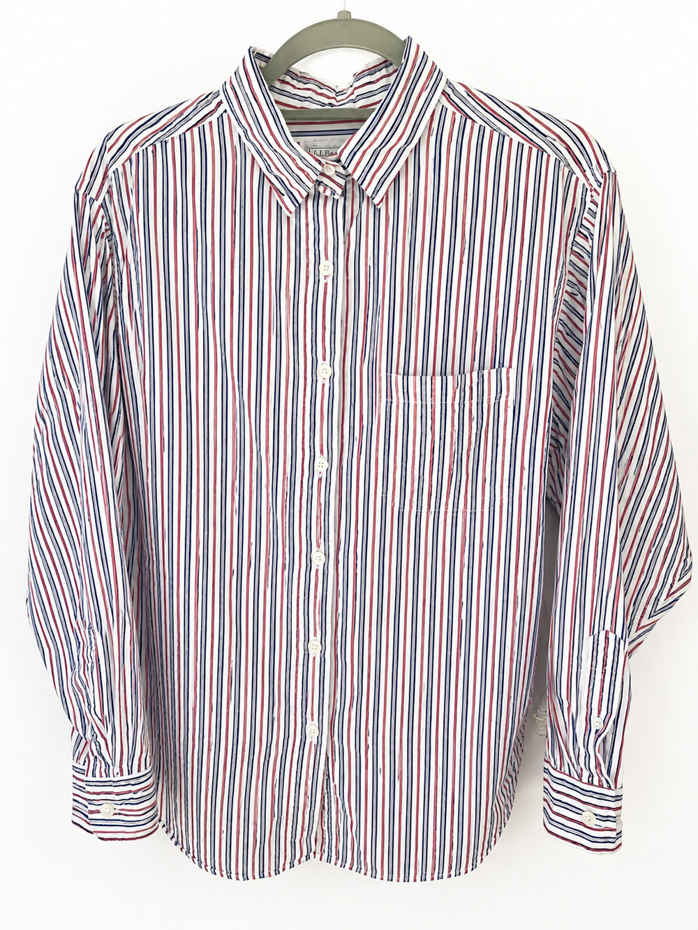 Lands' End Red Blue Stripe Button Down Shirt Women's Size 16 USA Made Cotton